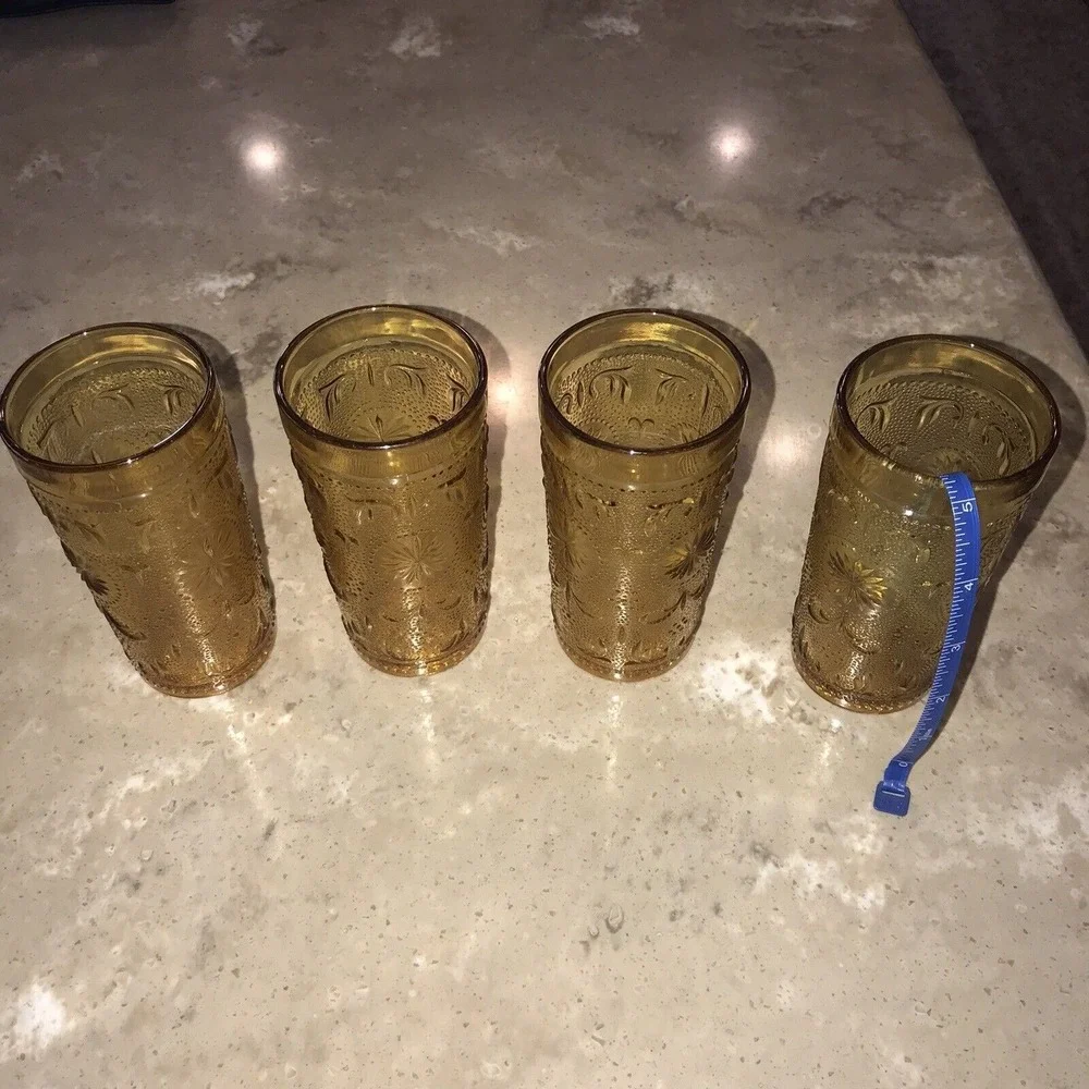 4 Vintage Amber Glasses Indiana Glass Tiara Starburst Textured 5 1/4